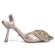 Twenty FourHaitch Ameena platinum slingbacks with rhinestone bow