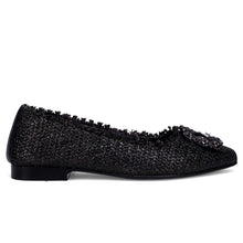 Zoe ballerinas in black raffia with rhinestone accessory