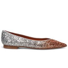Prosperine pointed ballerina in silver and orange glitter
