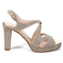 Elegant women's sandal Sangiorgio in glittering gold fabric with high heel