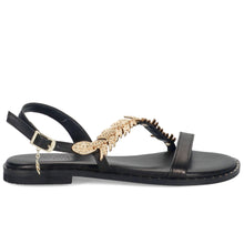 Greek flat sandal Caryatis in black leather with gold-colored accessory