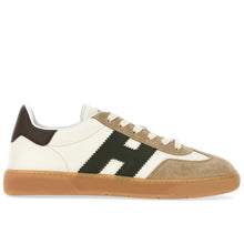 Men's Hogan Cool sneaker in ivory, green, and brown leather with suede details