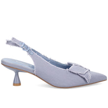 Women's slingback jeannot in vintage blue fabric with medium spool heel