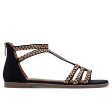 Women's Tamaris black flat gladiator sandal with gold geometric decorations