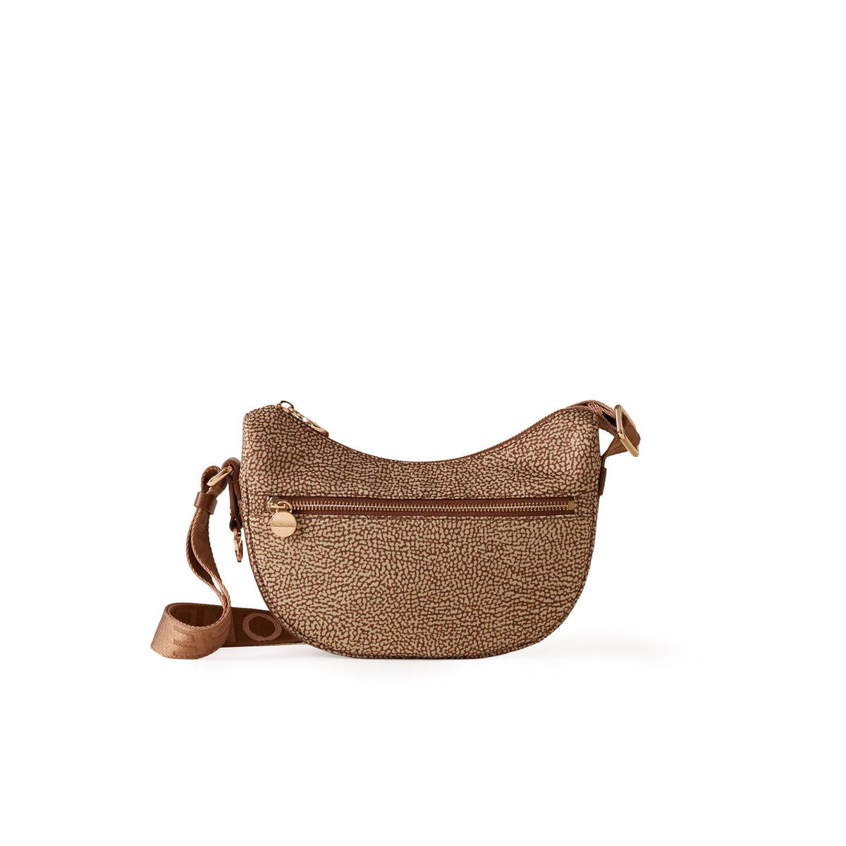 BORBONESE: Borbonese Luna Bag Mini shoulder bag in beige nylon and brown leather