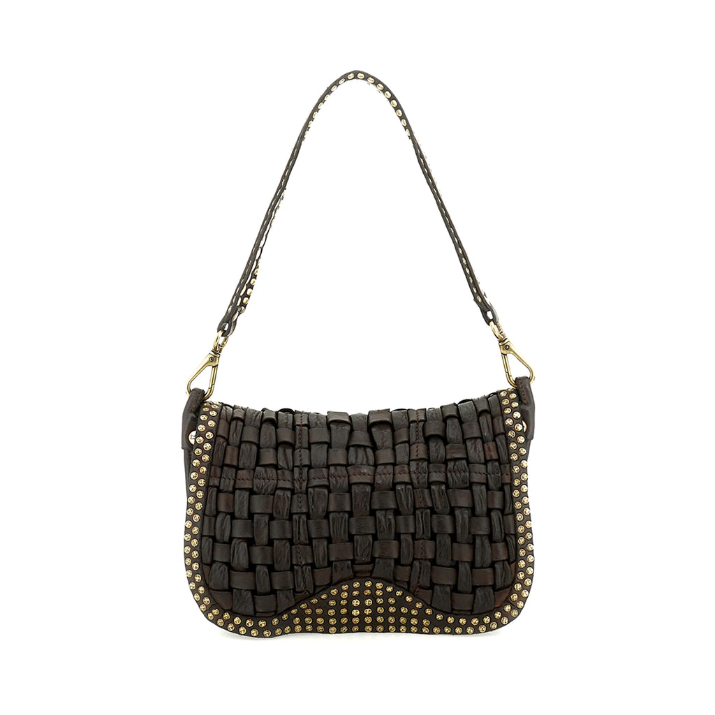 Campomaggi: Sofia shoulder bag in dark brown vegetable-tanned leather with woven details and studs