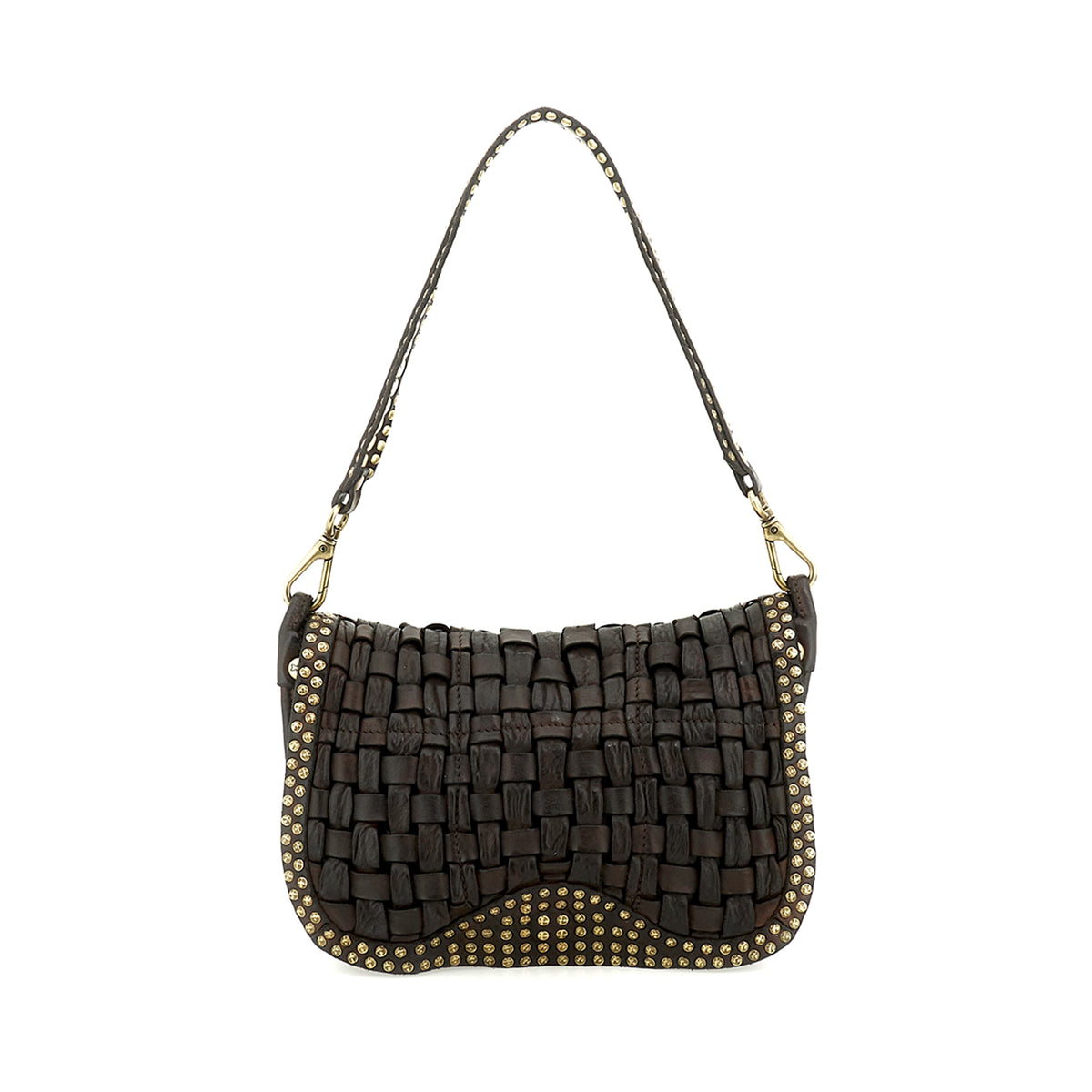 Campomaggi: Sofia shoulder bag in dark brown vegetable-tanned leather with woven details and studs