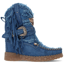 El Vaquero Arya Limited blue washed suede and denim fabric wedge moccasin boots