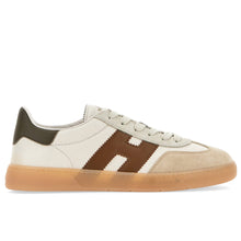 Men's Hogan Cool sneaker in ivory, brown, and green leather with suede details