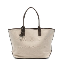 Hogan Script Medium shopping bag in beige cotton-linen blend and dark brown leather