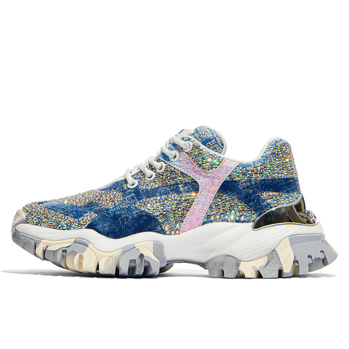 Joia Paris: Joia Paris Jewel women's sneakers in denim blue fabric with multicolor rhinestones