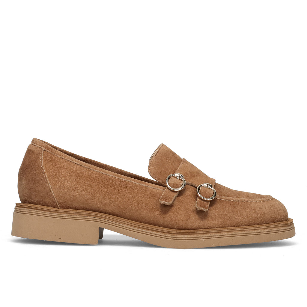 LUCA GROSSI: Women's double buckle loafer by Luca Grossi in saddle brown suede