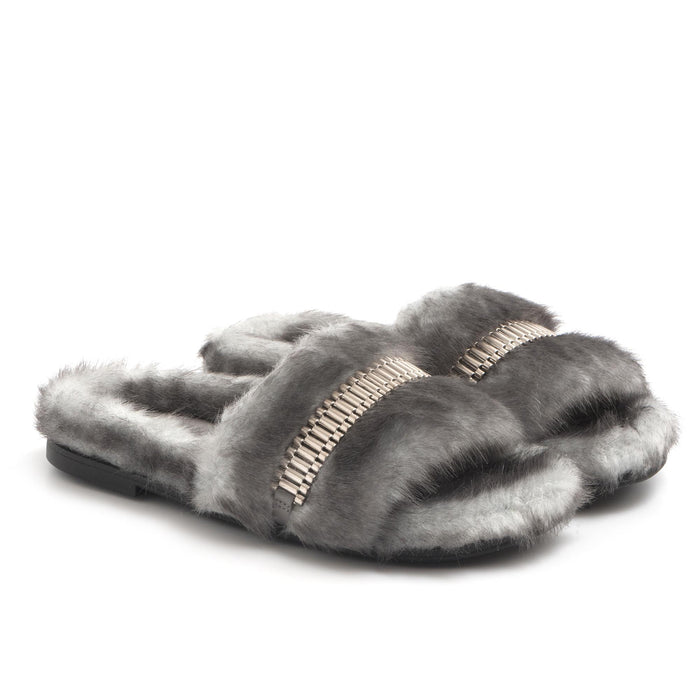 Shade slipper in eco fur with silver chain
